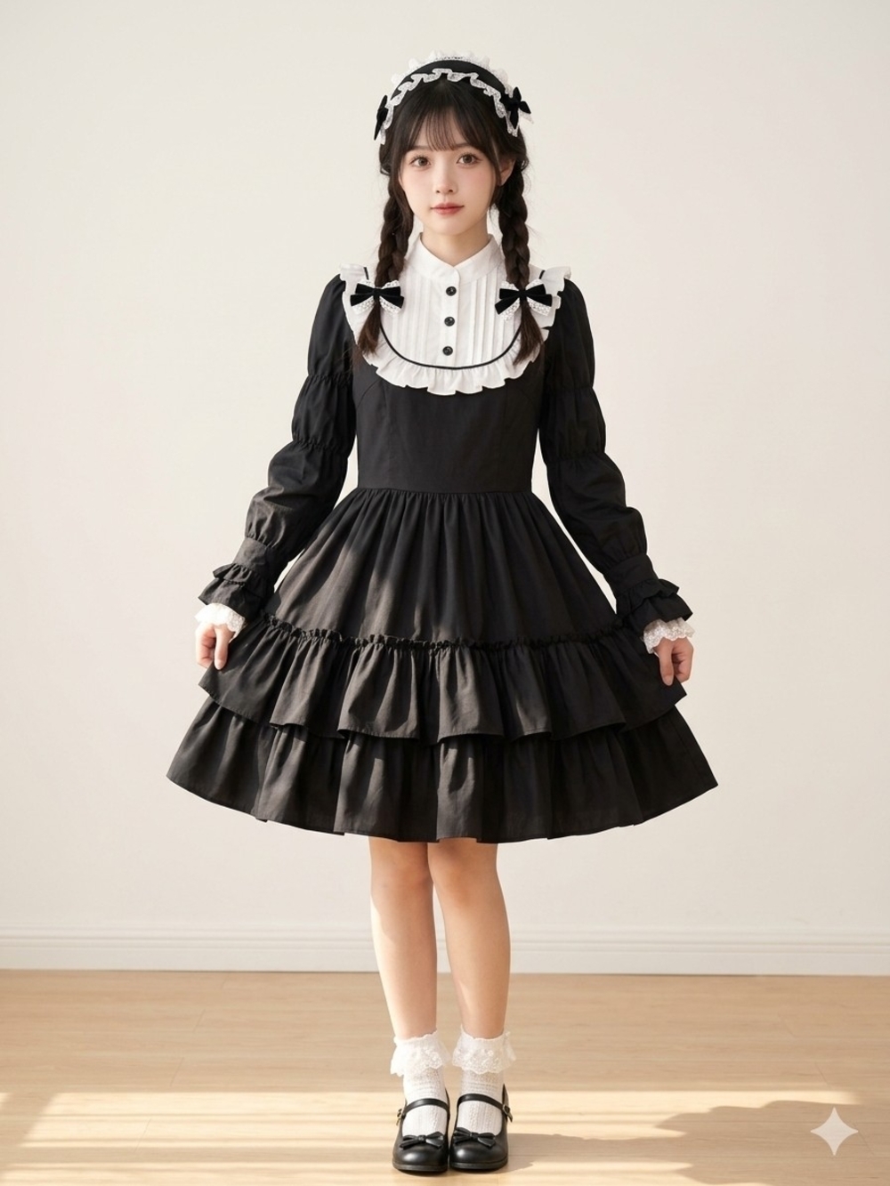 Black Long-Sleeve Gothic Lolita Dress with White Bib